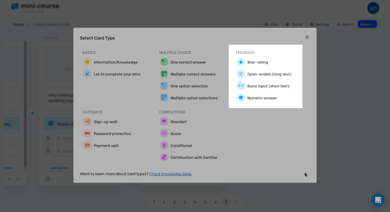 The card type picker with the feedback options highlighted: star rating, open-ended, short input and numeric answer.