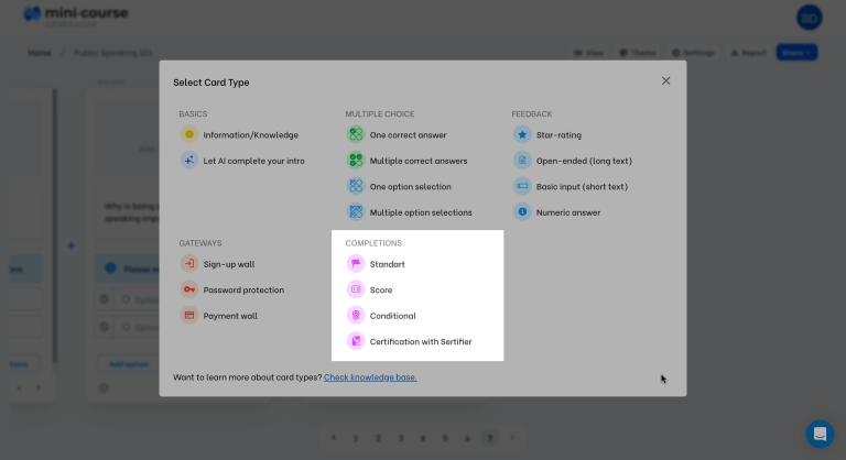 The card type picker with the completion options highlighted: standard, score, conditional and certification.