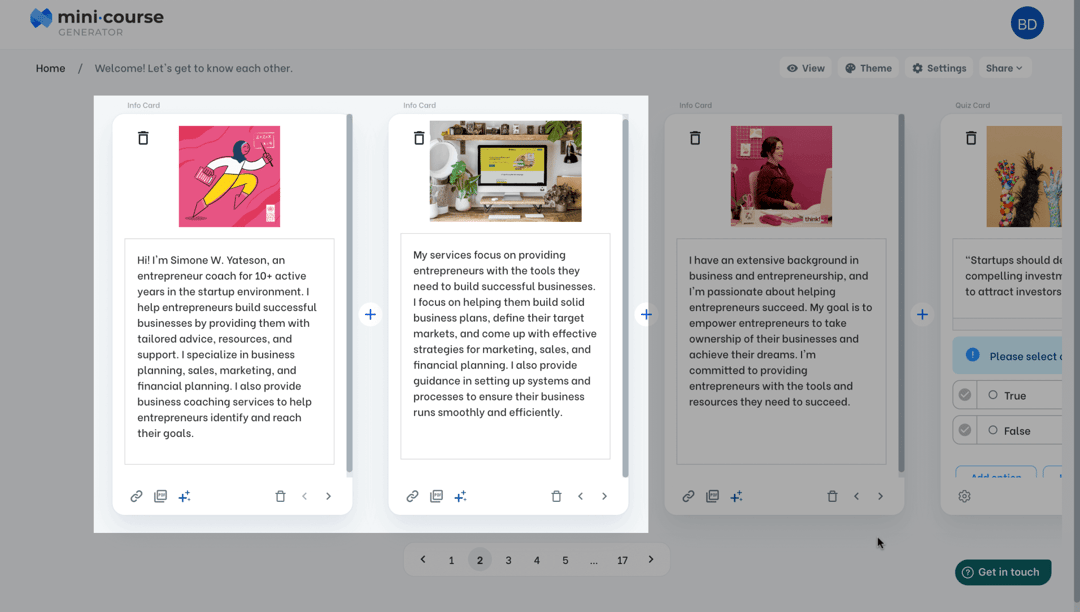 A coach's welcome mini-course open in the editor, with info cards introducing her background and services.