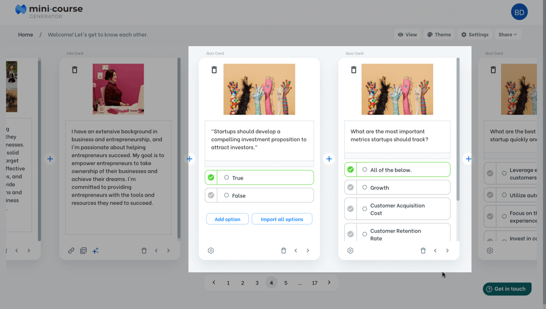 Quiz cards in the editor with a true-or-false statement and a multiple-choice question about startup metrics.