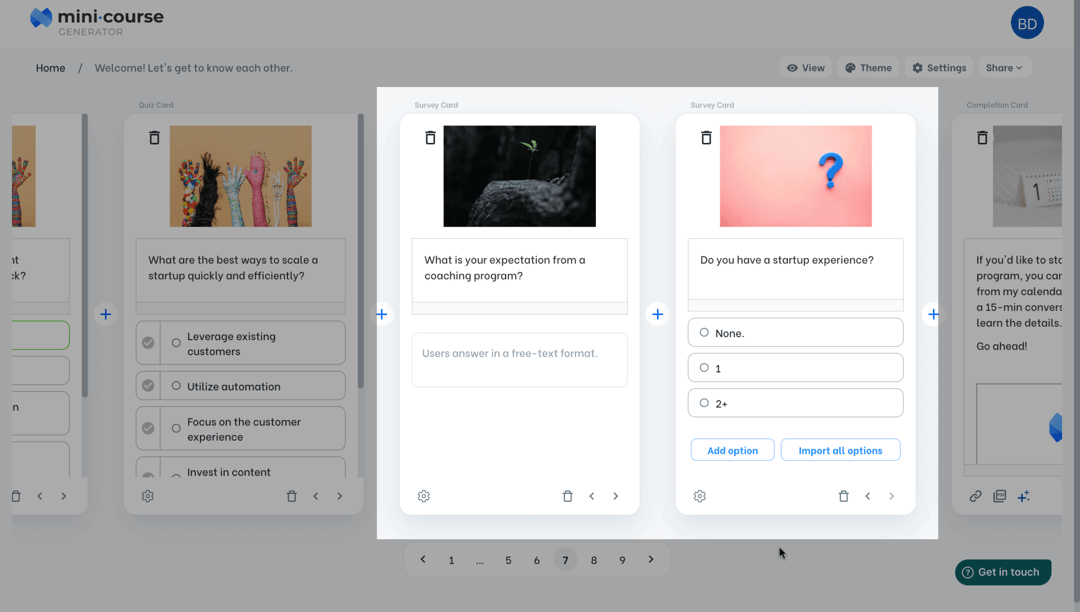 Survey cards in the editor asking for free-text expectations and years of startup experience.