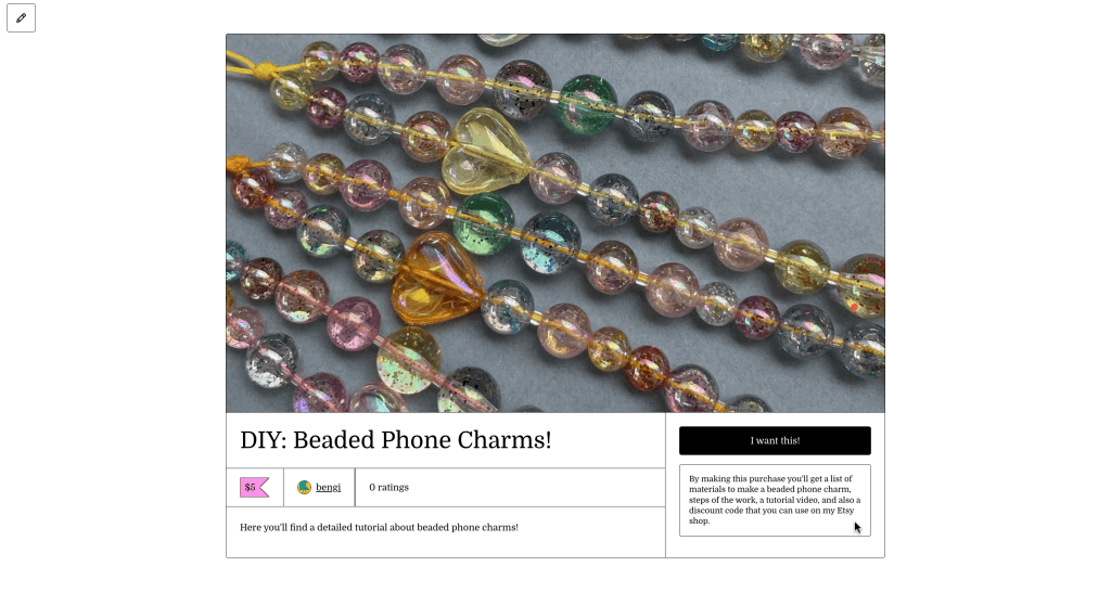 A Gumroad product page for a beaded phone charms tutorial priced at five dollars.