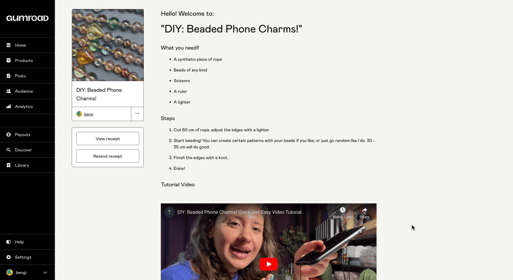 The purchased Gumroad product showing the materials list, the steps and an embedded tutorial video.