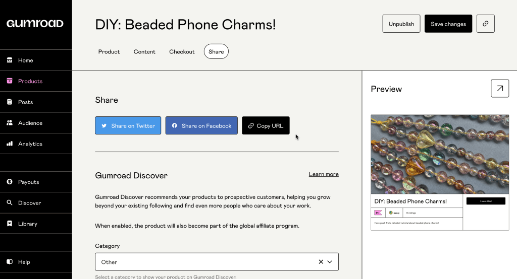 The share tab of a Gumroad product, with social sharing buttons and the Gumroad Discover settings.