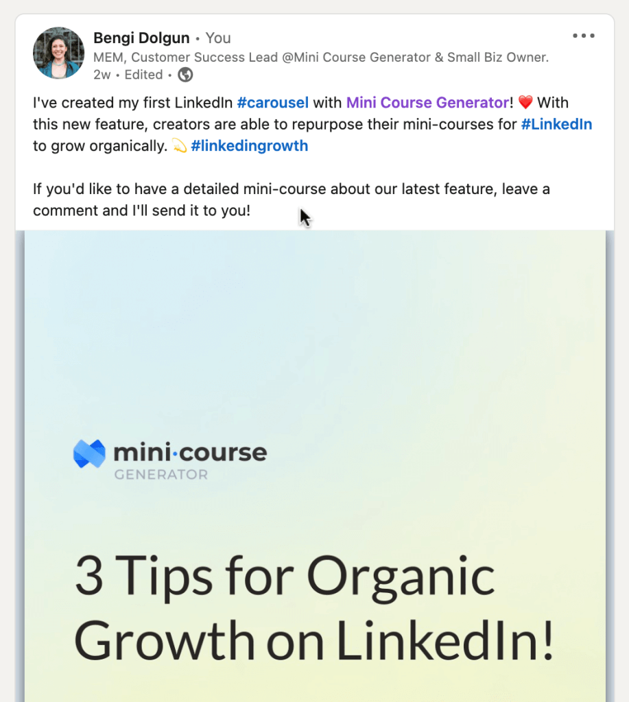 A LinkedIn post sharing a mini-course repurposed as a carousel titled three tips for organic growth on LinkedIn.