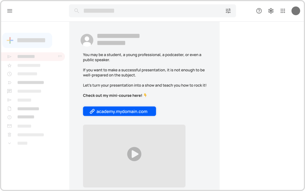 An email newsletter promoting a mini-course with a large link button to the author's academy.