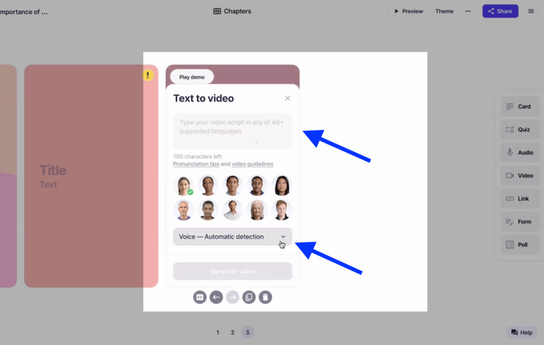 A text-to-video dialog with a script box, a row of presenter avatars and a voice selector, marked with arrows.