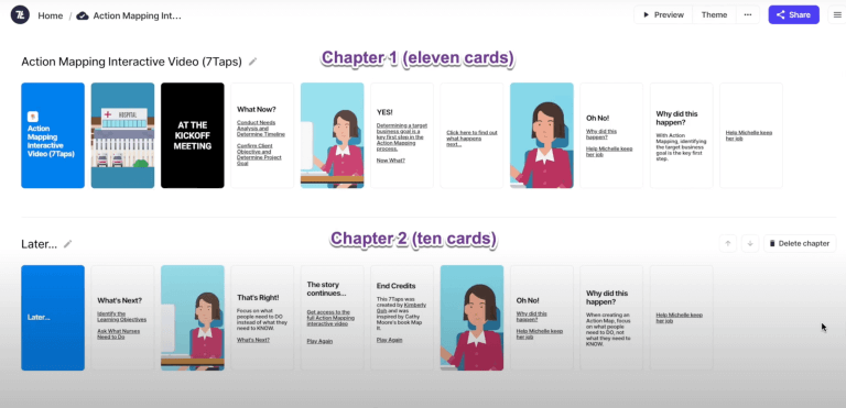 A course in the 7taps editor with two chapters shown as strips of eleven and ten cards.