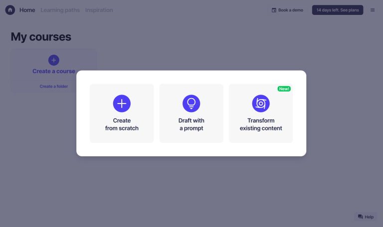 A course creation dialog offering to start from scratch, draft with a prompt or transform existing content.