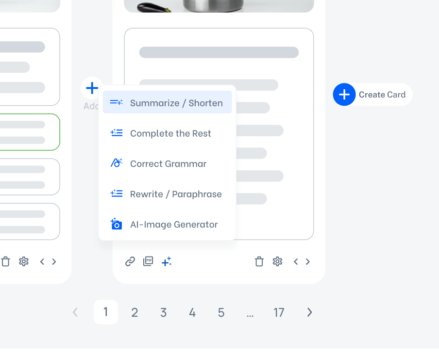 The card AI menu offering summarise, complete, correct grammar, rewrite and AI image generation.