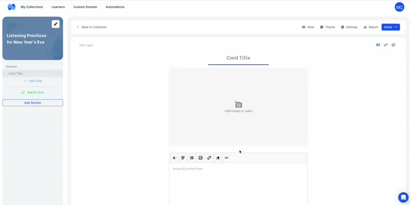 Opciones proporcionadas para añadir medios en tu minicurso. Crea con AI, súbelo o elige entre Giphy o Unsplash.
