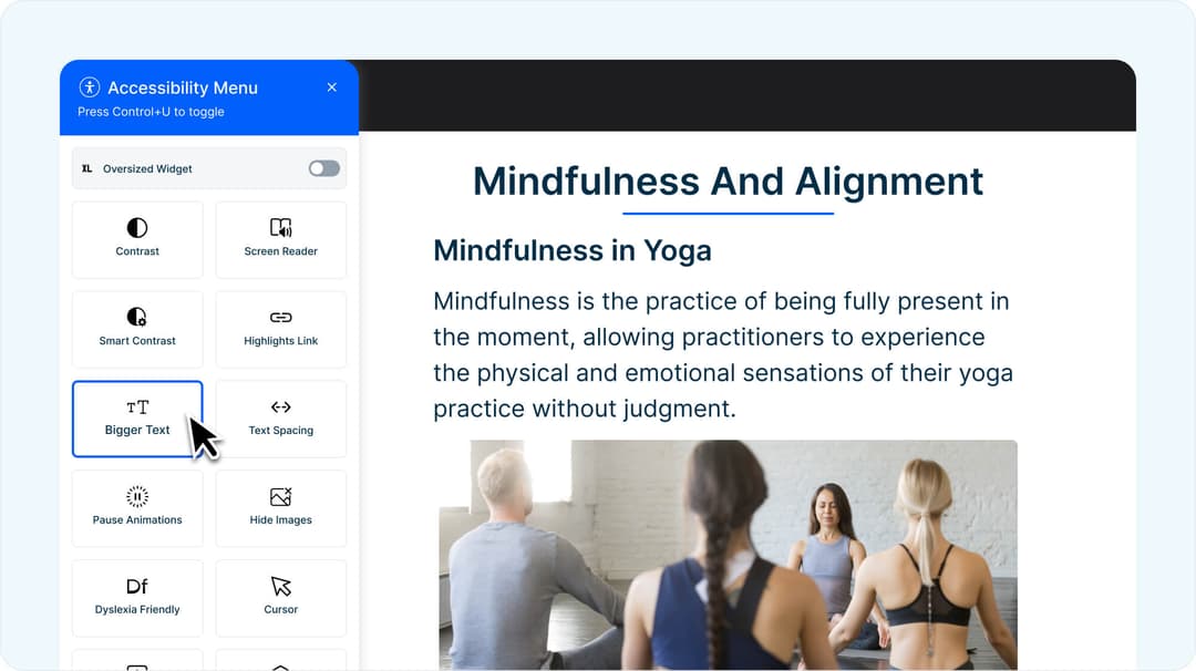 Mini Course Generator accessibility widget menu displayed next to a mindfulness course, showing options like bigger text, text spacing, contrast, screen reader, and dyslexia-friendly mode.