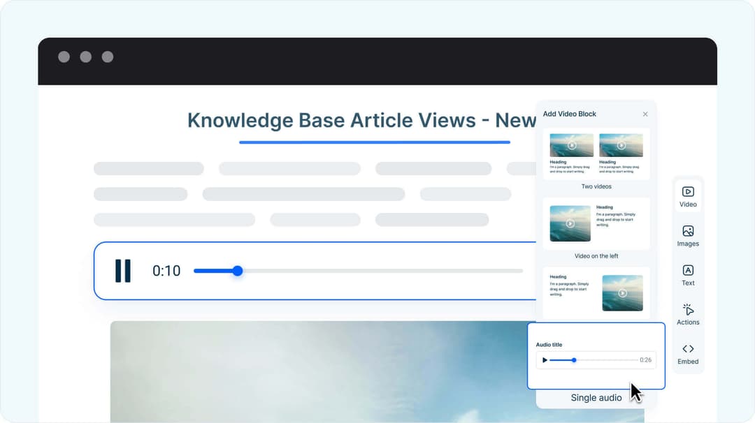 Mini Course Generator interface showing new audio upload block with playback controls, allowing creators to add single audio files into courses.