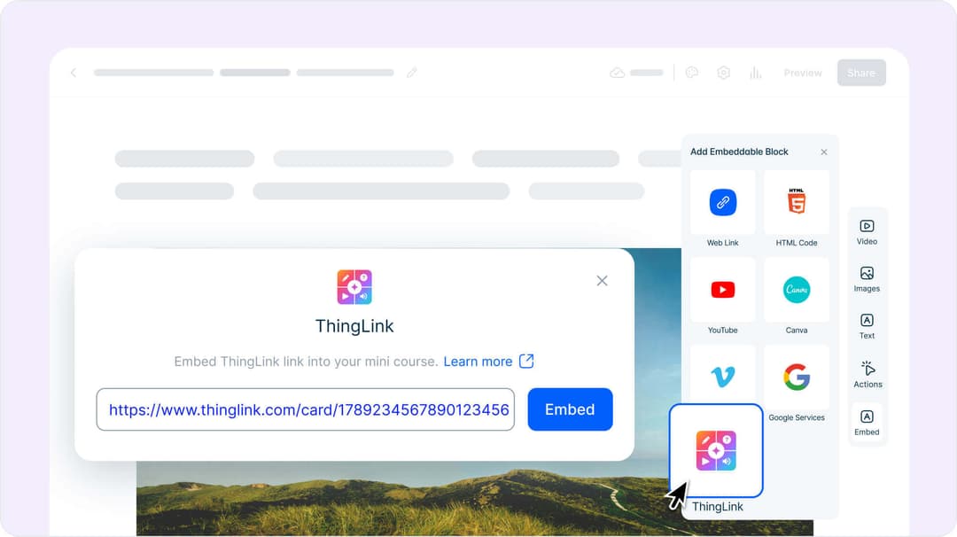Insertando una imagen interactiva de ThingLink en una página desde el panel de bloques integrados.