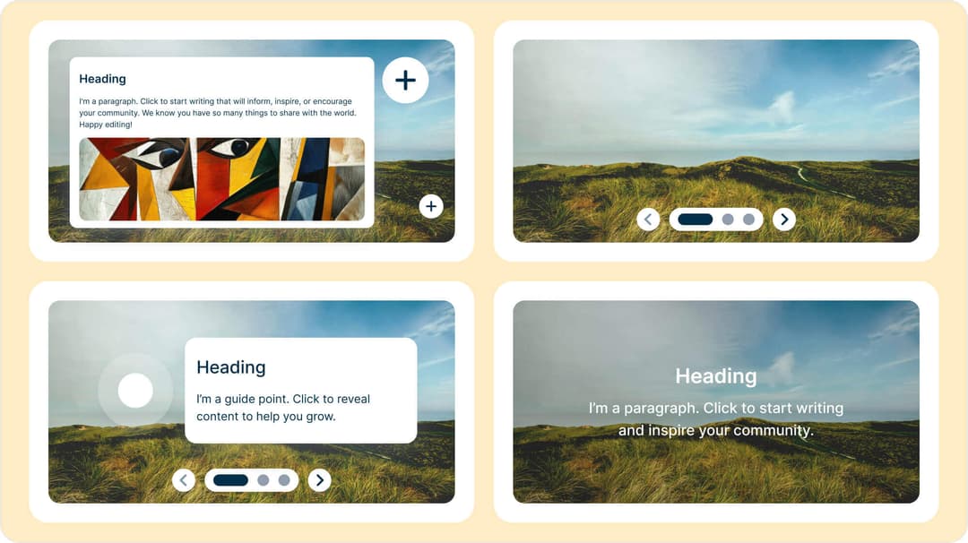 Four landing page header styles: an image grid, a full-width photo, an overlay card and text over a photo.