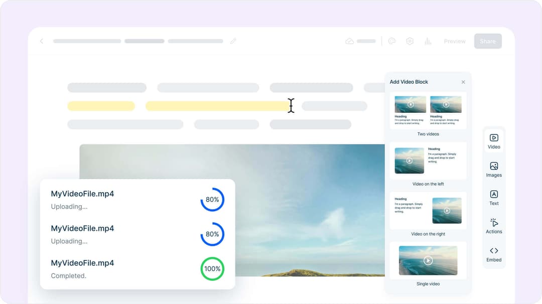 “Mini Course Generator improved video upload experience showing progress bars for multiple files with background uploading inside the course editor.