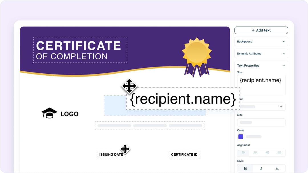 Mini Course Generator certificate customization editor showing a Certificate of Completion template with editable fields like recipient name, issuing date, and certificate ID.”