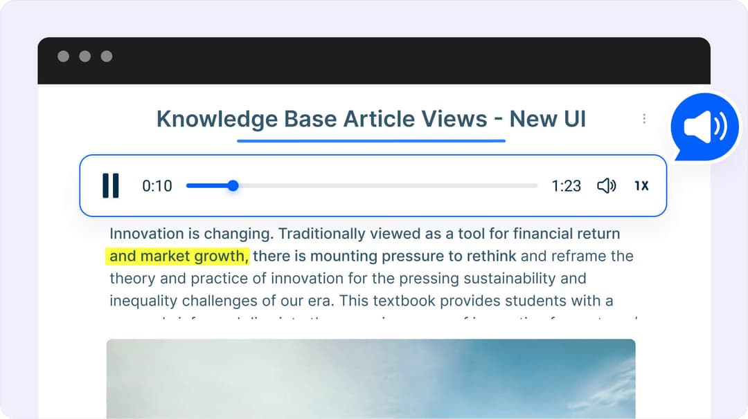 Mini Course Generator AI-powered screen reader highlighting text in a knowledge base article with audio playback controls and narration icon.