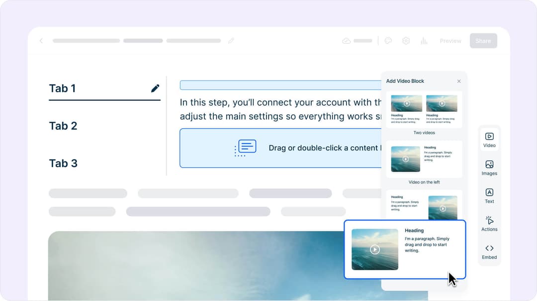 Screenshot of Mini Course Generator’s editor showing a tabbed layout with “Tab 1,” “Tab 2,” and “Tab 3” on the left, and a content editing area on the right. A user is dragging a video block into the workspace from the “Add Video Block” menu, which includes options for different video layouts.