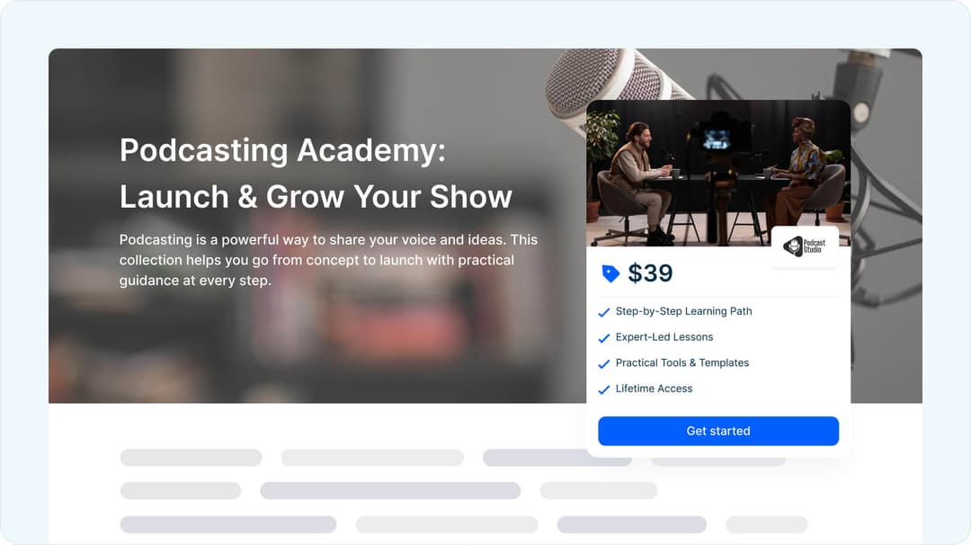 A course landing page titled “Podcasting Academy: Launch & Grow Your Show,” showing a $39 pricing card with features like step-by-step learning path, expert-led lessons, practical tools and templates, and lifetime access. The image includes two people recording a podcast in a studio setting.