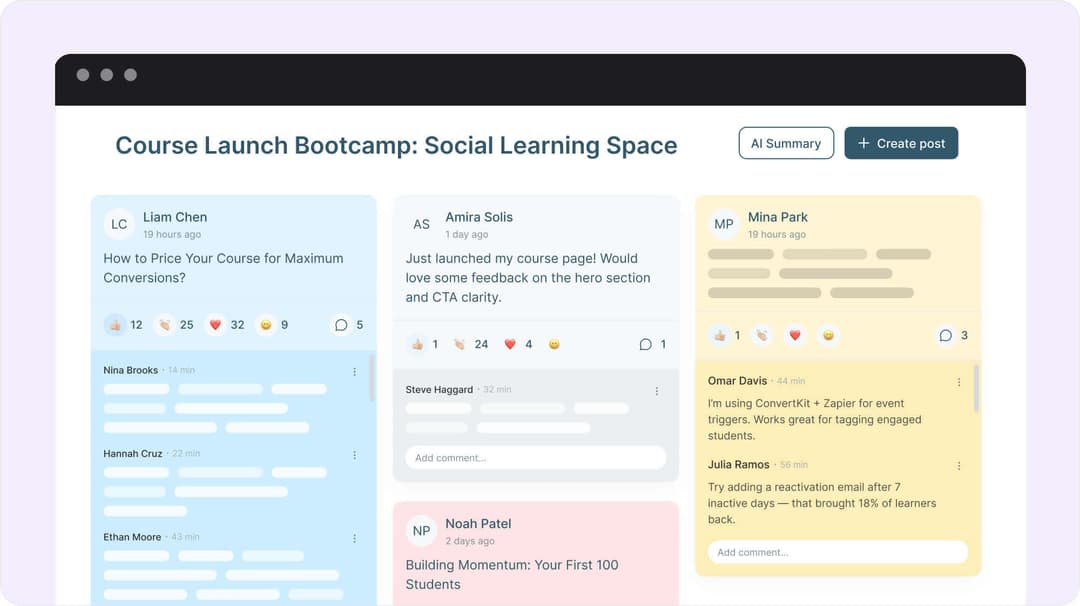 A social learning space for a course launch bootcamp, where learners post and reply on a shared board.