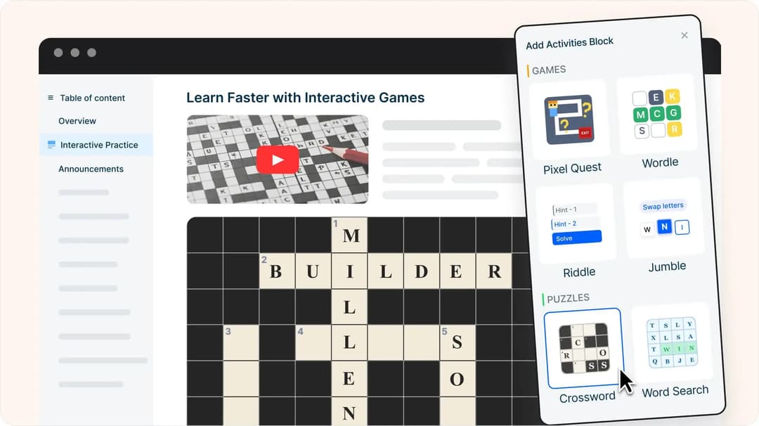 An interactive games block being added to a mini-course, with a crossword on the page and options such as word search, Wordle and pixel reveal.