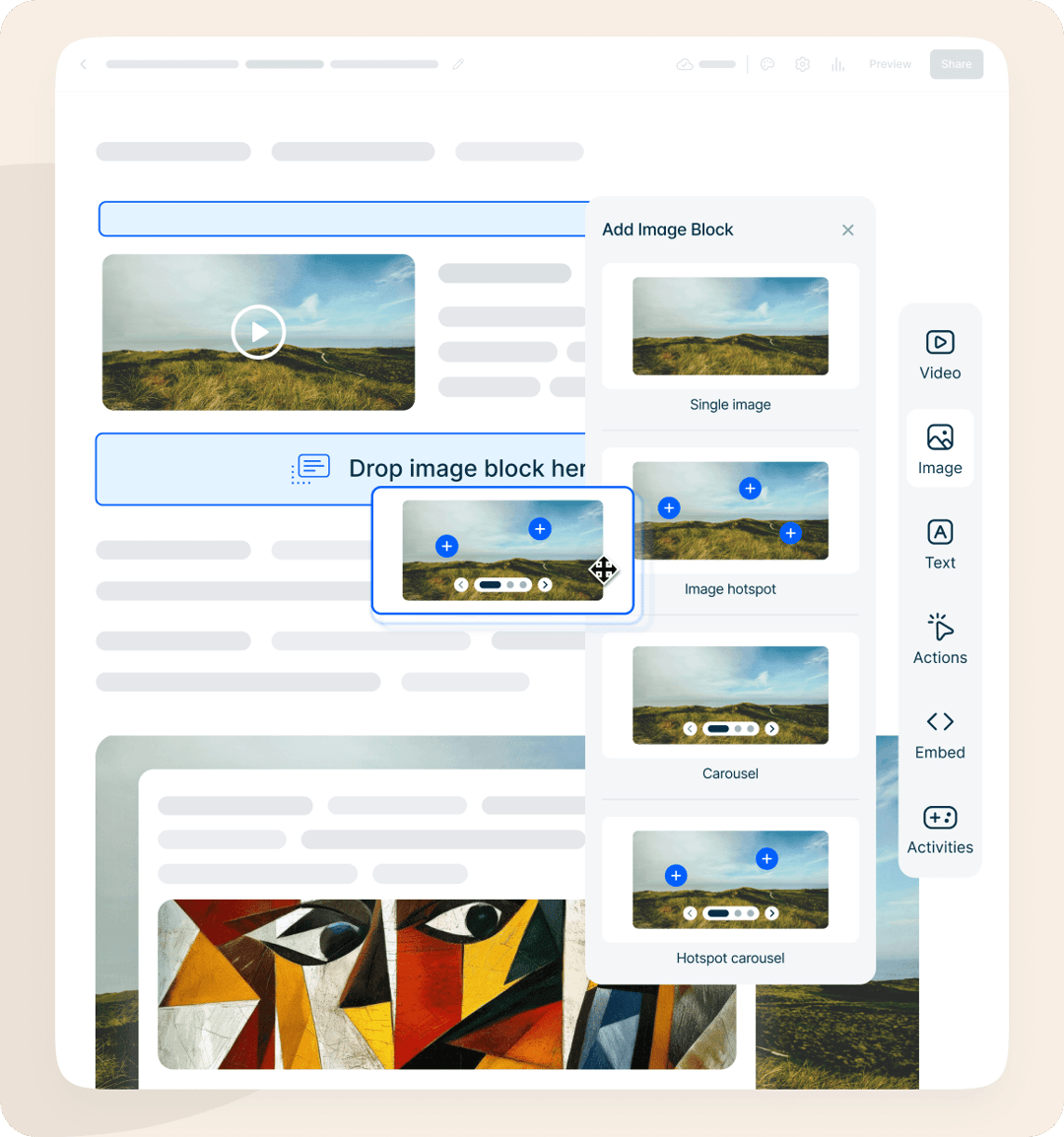 Drag and drop block editor with in-page AI assistant refining course content
