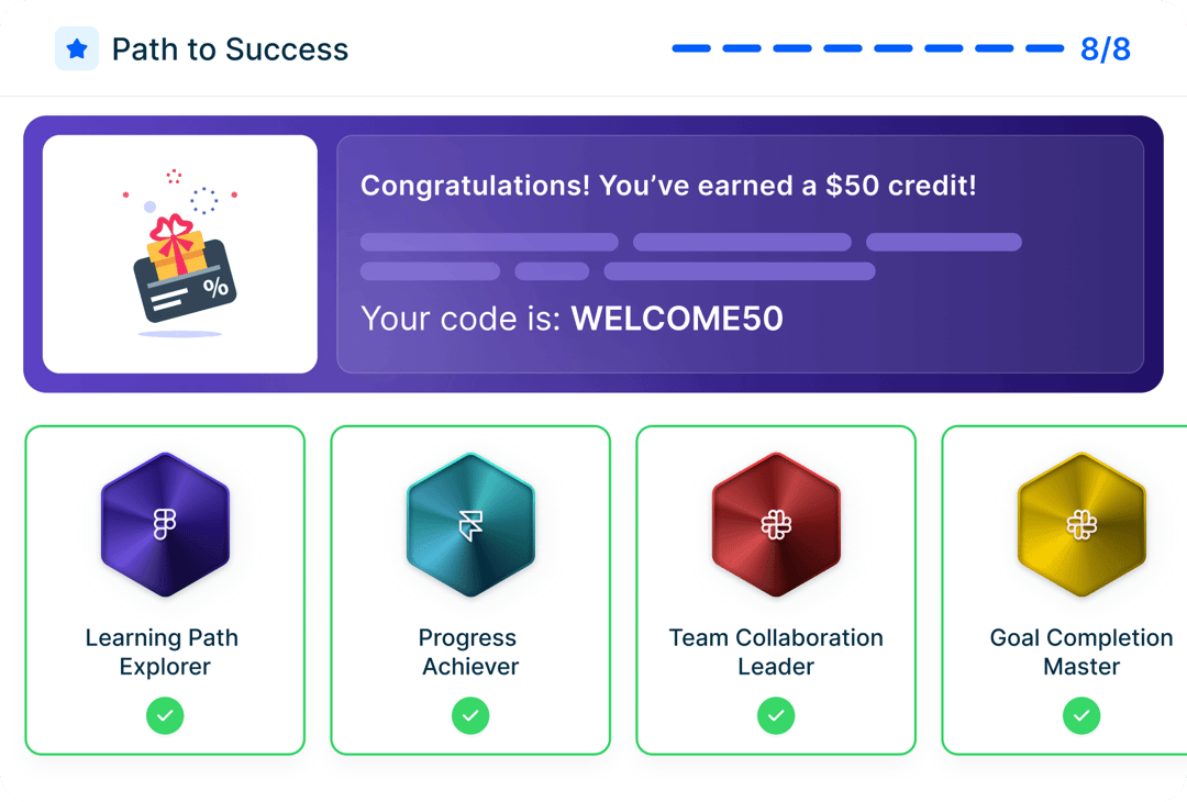 The Path to Success block on a Mini Course Generator collection landing page, showing locked, in-progress, and earned badges along with a reward area at the top