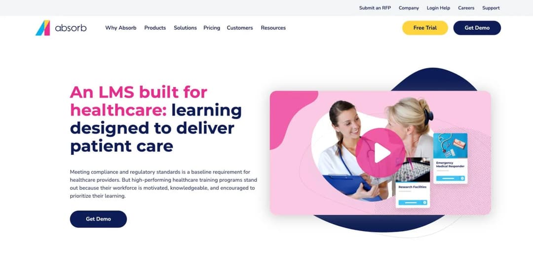 Absorb LMS healthcare solutions page on the absorbai.com domain