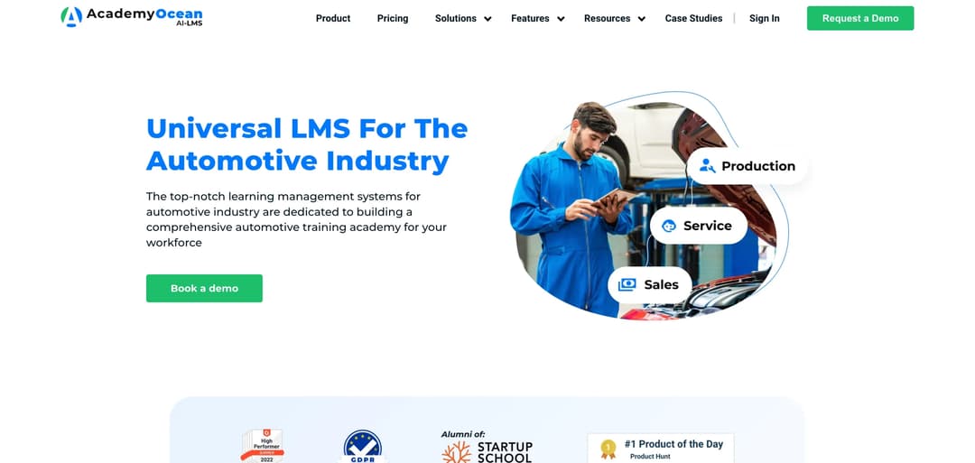 AcademyOcean automotive LMS page with dealer and partner academy portals