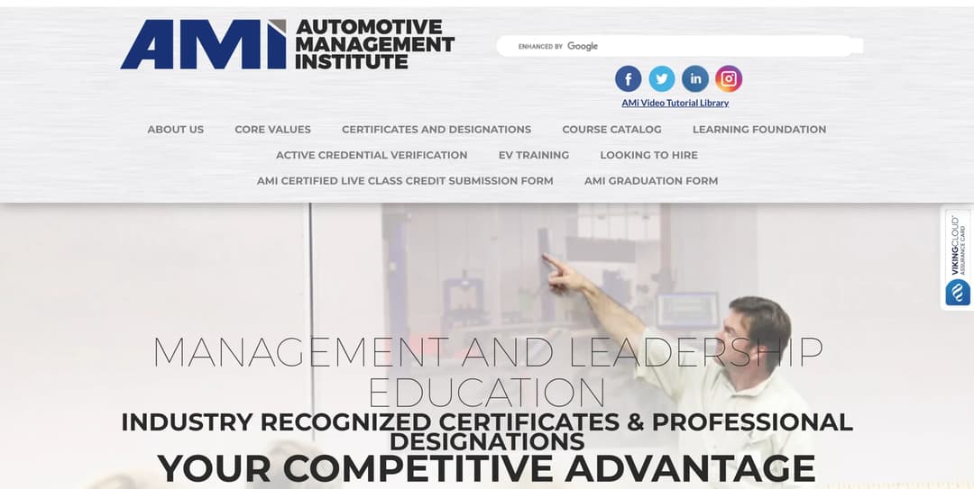 Automotive Management Institute homepage with accredited manager designations