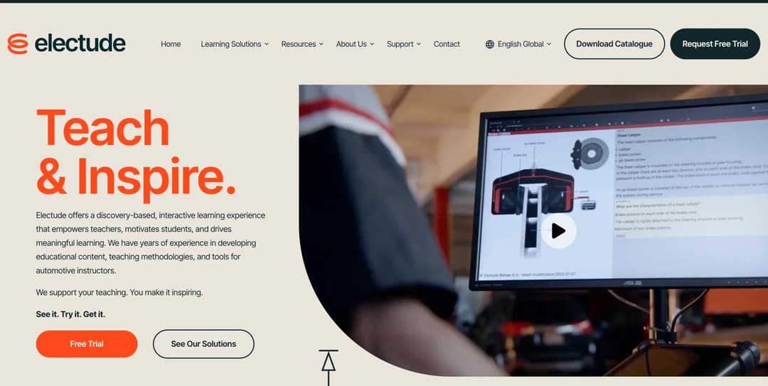 Electude automotive e-learning homepage with simulation-based technician modules