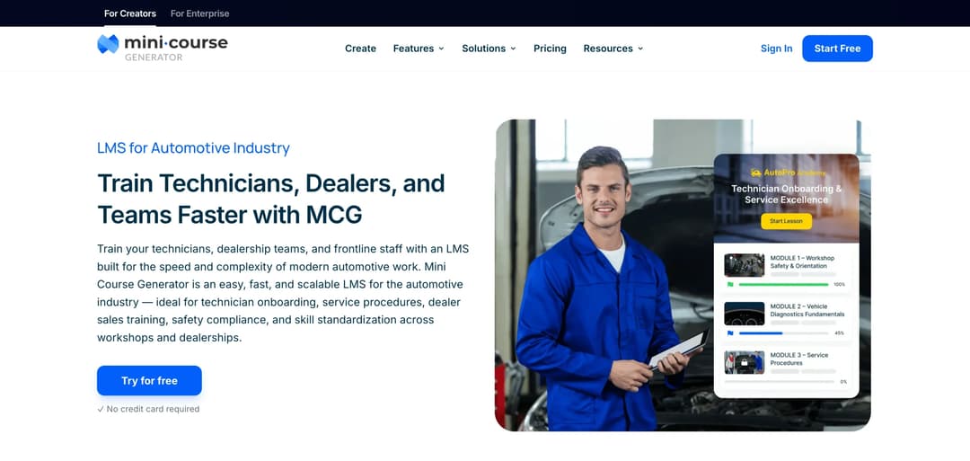 Mini Course Generator automotive LMS page for technician, dealer, and team training