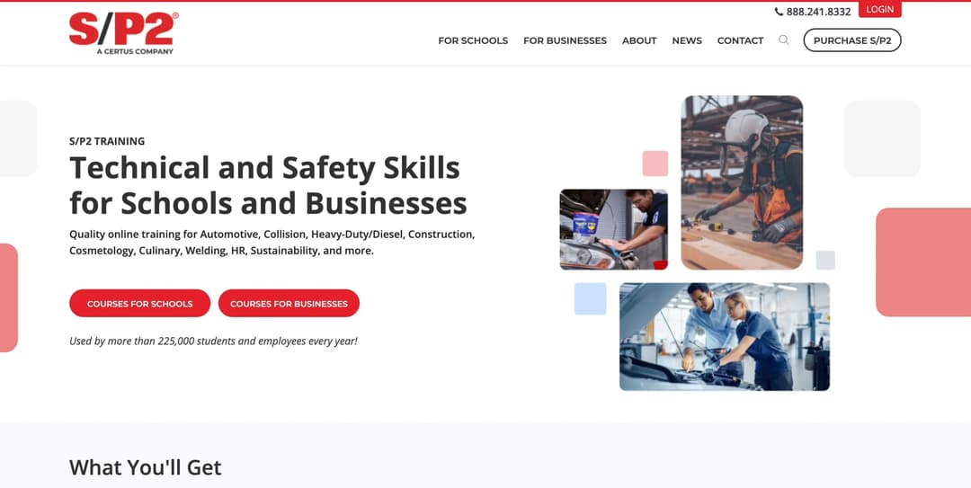 S/P2 safety and pollution prevention training homepage for automotive shops