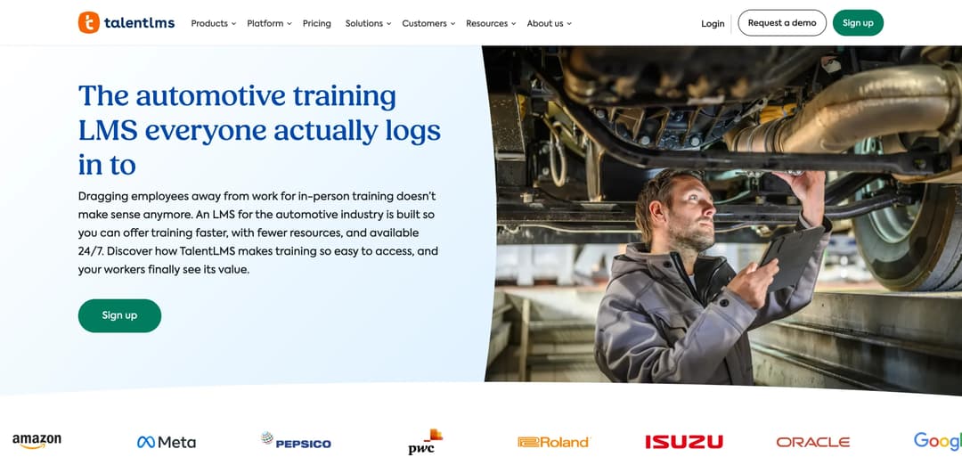 TalentLMS automotive training platform page with mobile learning positioning