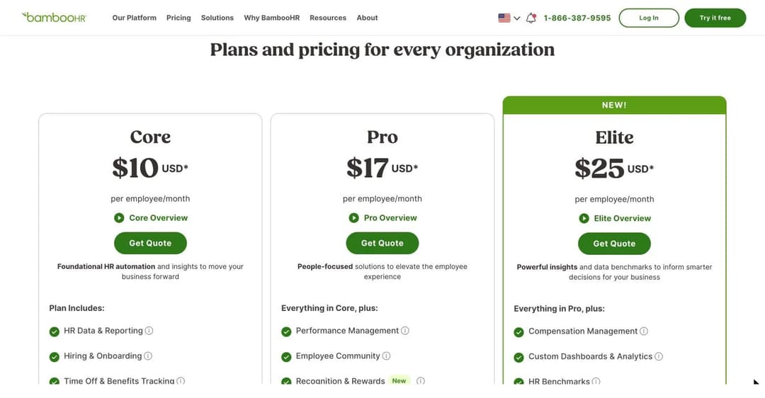 BambooHR pricing page showing Core at ten dollars, Pro at seventeen and Elite at twenty-five per employee per month