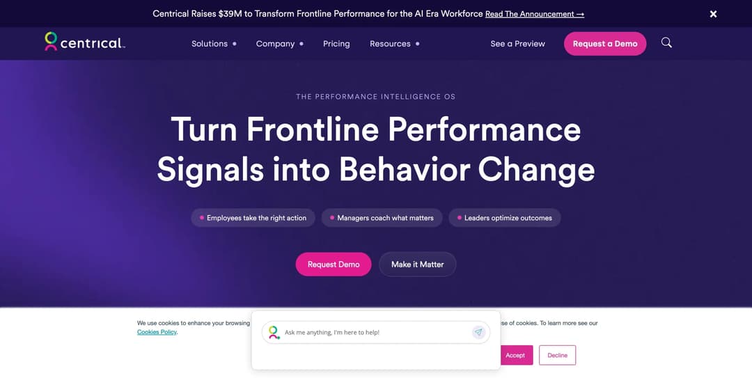 Centrical frontline performance platform combining KPIs, coaching, and microlearning