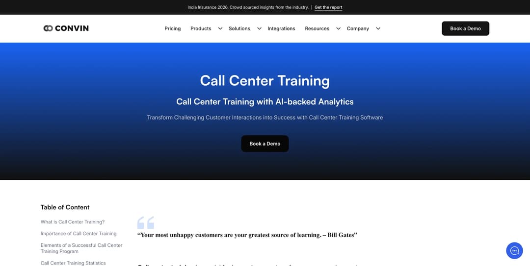 Convin call center training software page with AI-backed conversation analytics