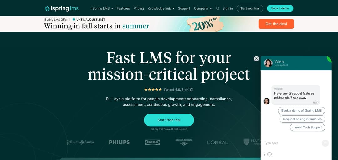 iSpring Learn corporate LMS homepage used for call center training programs