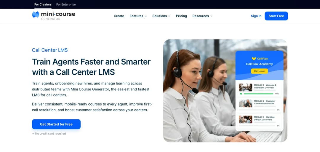 Mini Course Generator call center LMS page showing bite-size agent training courses