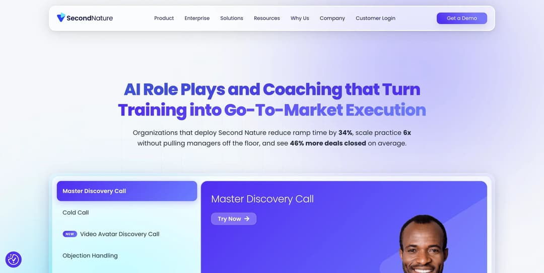 Second Nature AI role-play training homepage for customer-facing teams