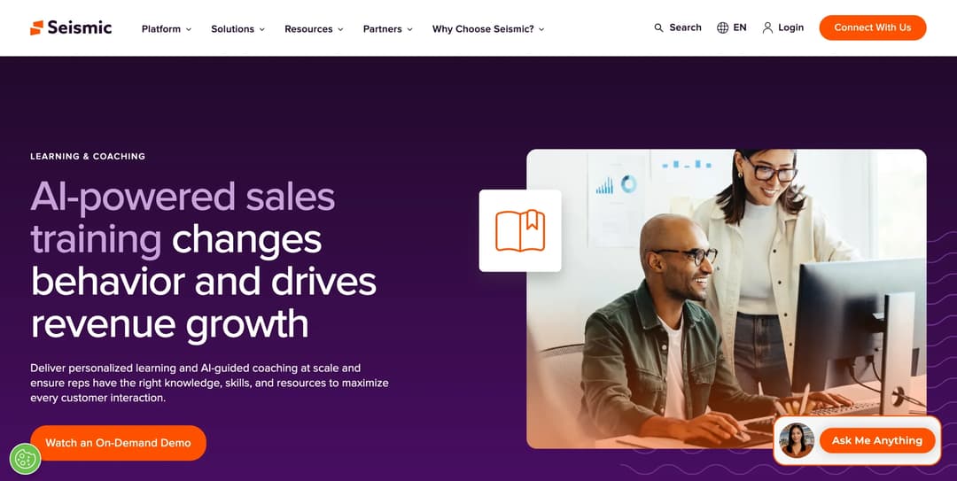 Seismic Learning and Coaching page for AI-powered agent training
