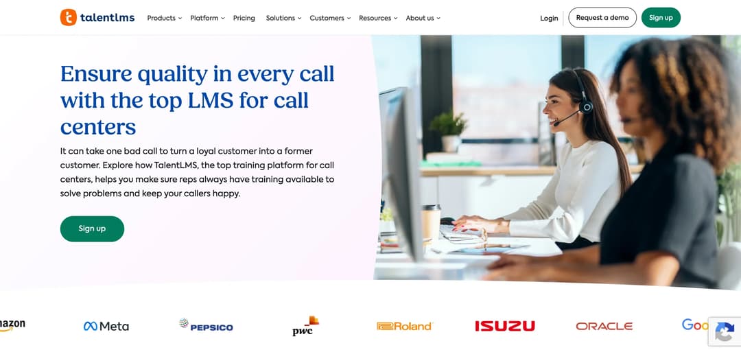 TalentLMS call center training software page with quality-in-every-call positioning