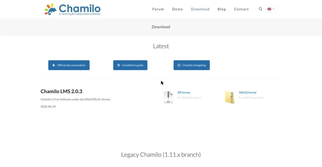 Chamilo LMS download page showing the GNU GPLv3 licence and current release