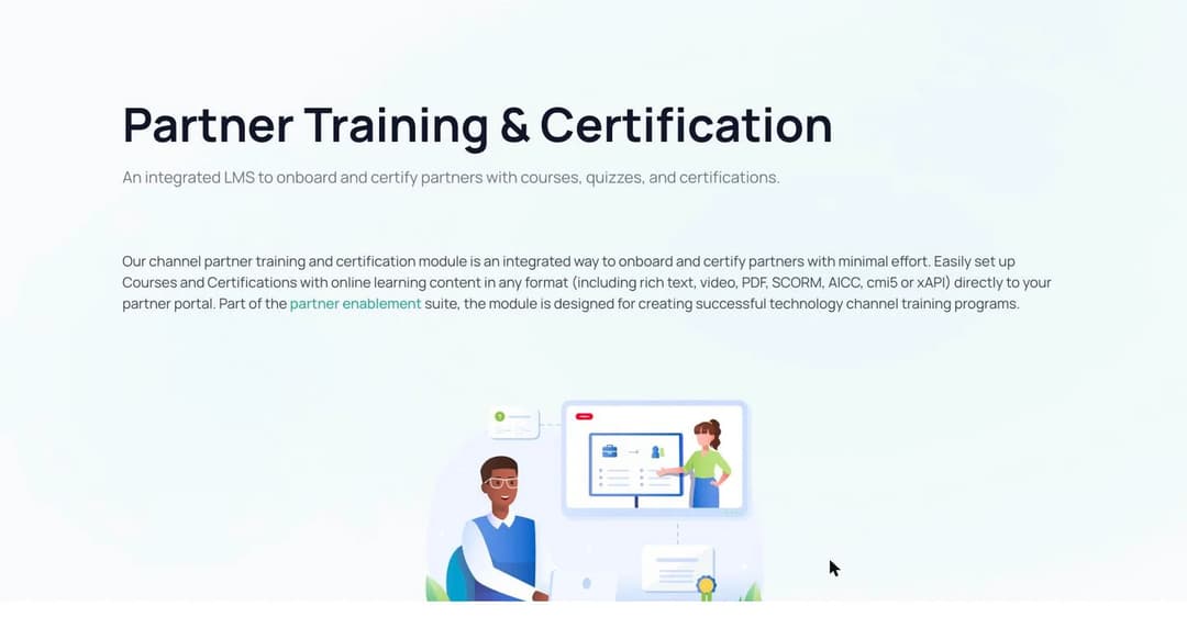 Channeltivity PRM page describing an integrated LMS with courses, quizzes and SCORM support