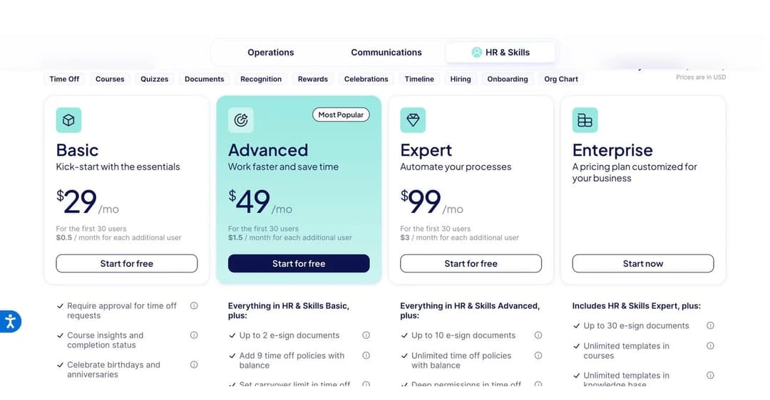 Connecteam's HR and Skills hub pricing, listing courses, quizzes, documents and onboarding, with Basic at twenty-nine dollars a month