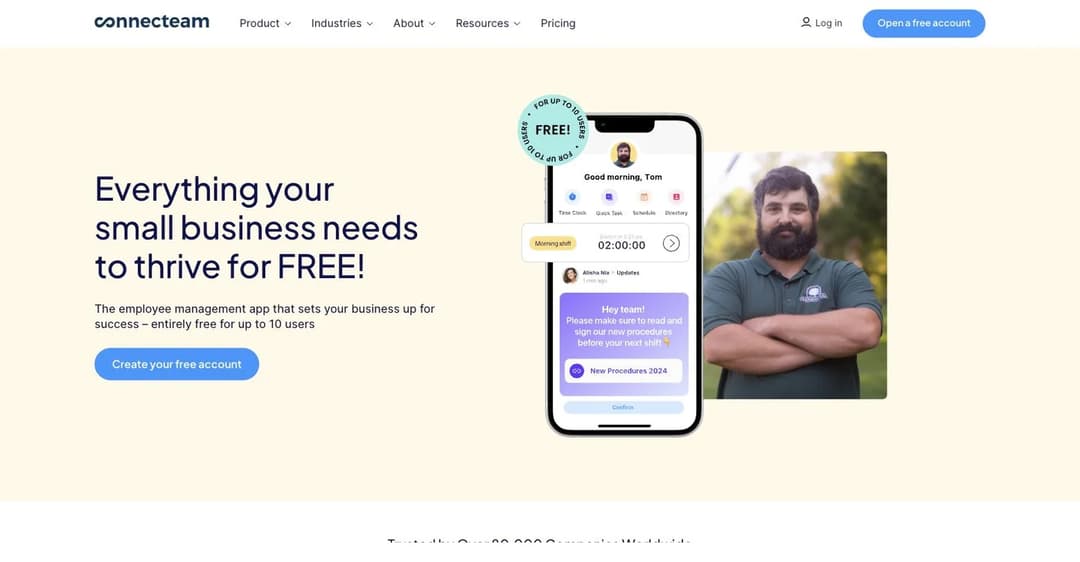 Connecteam Small Business Plan page offering full access free for up to 10 users