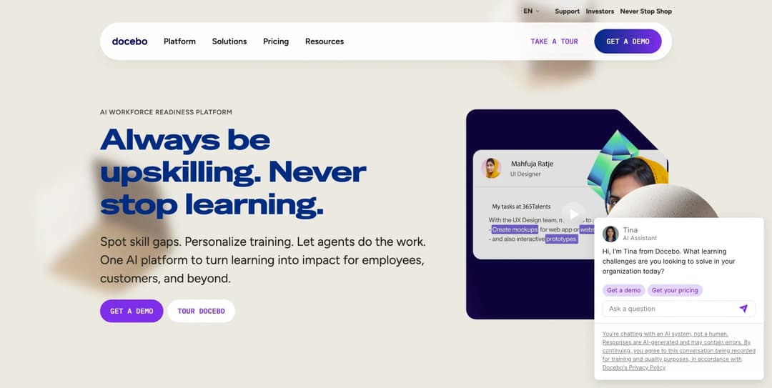 Docebo homepage with AI-first enterprise learning platform positioning