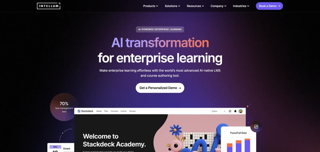 Intellum homepage with AI enterprise learning platform positioning
