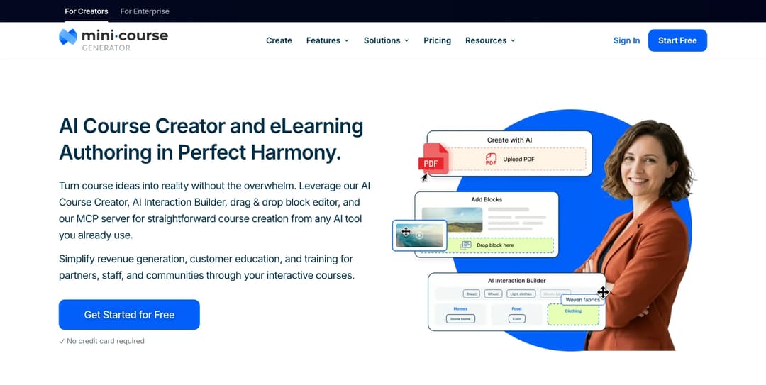 Mini Course Generator homepage with AI course creation and lightweight LMS positioning